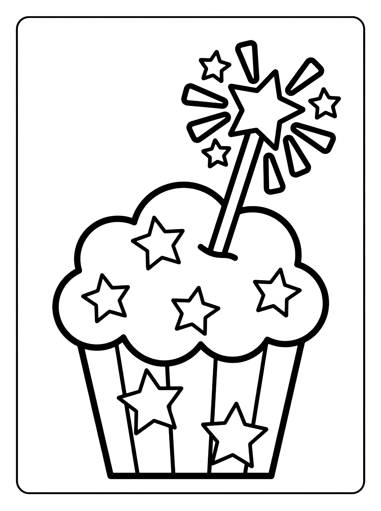 Cupcake with star shapes on its frosting and a sparkler with a big star on top, 4th of July coloring page