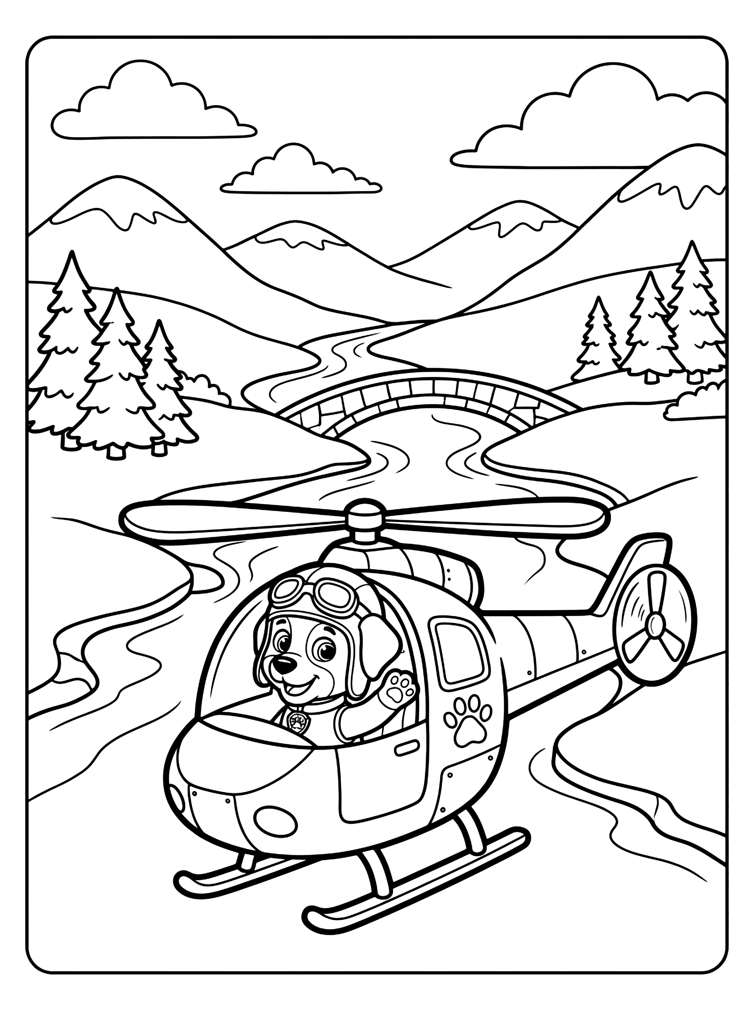 Cartoon pup in aviator helmet waving from a helicopter cockpit over a winding river, paw patrol coloring page