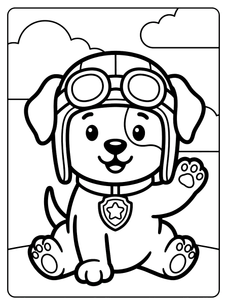 Smiling pup in a goggled aviator helmet waving one paw while sitting under clouds, paw patrol coloring page