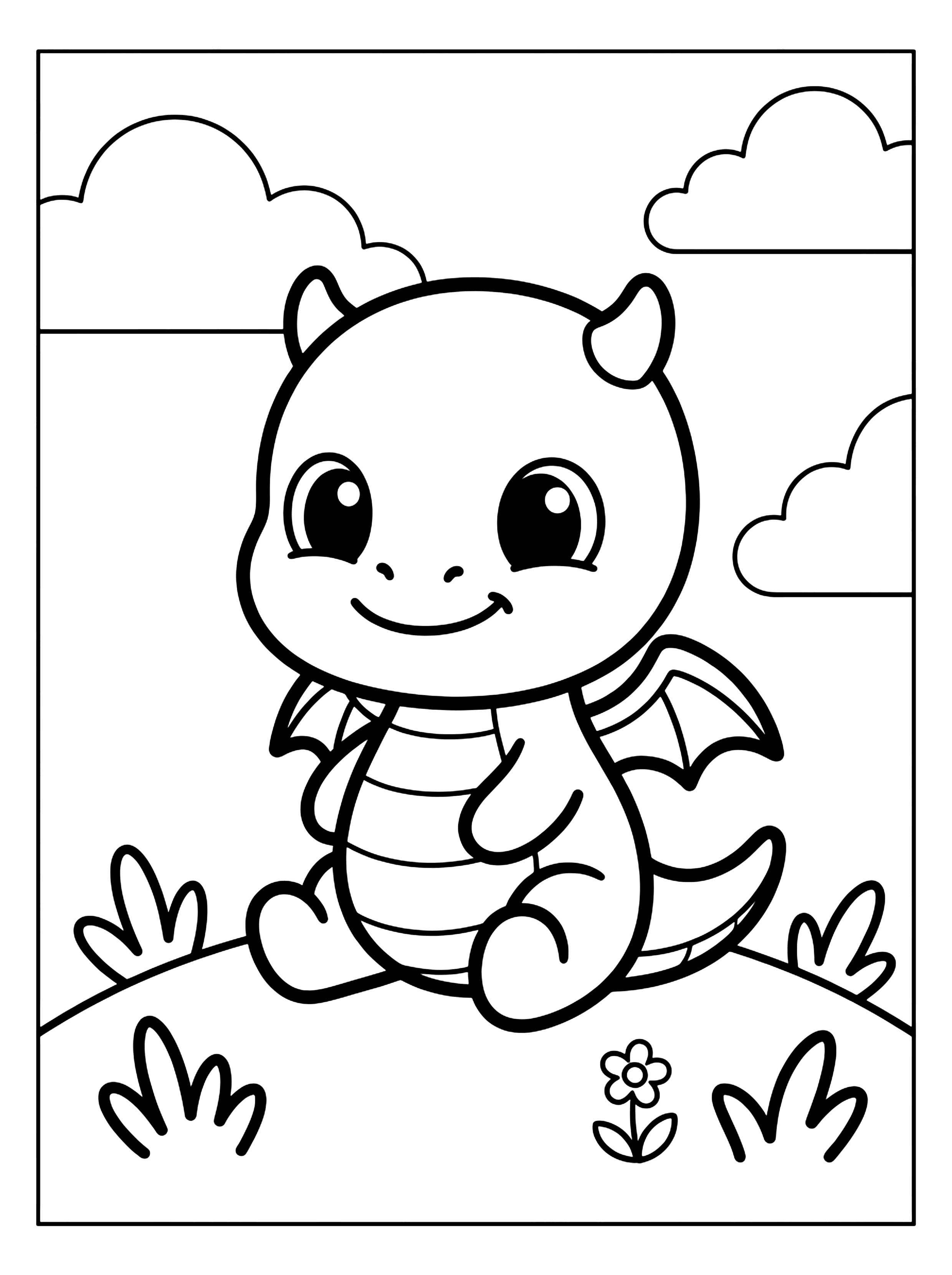 Smiling baby dragon with small horns and wings sitting on a grassy, black outline how to train your dragon coloring page
