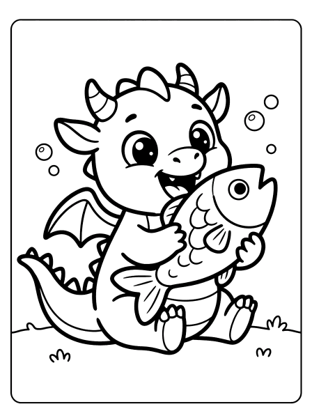 Baby dragon with horns and wings sitting on grass and hugging a big fish, with, how to train your dragon coloring page