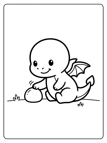 Black outline drawing of a smiling baby dragon sitting on grass and tapping a round, how to train your dragon coloring page