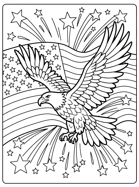 Bald eagle flying with spread wings before a waving American flag and stars, 4th of July coloring page