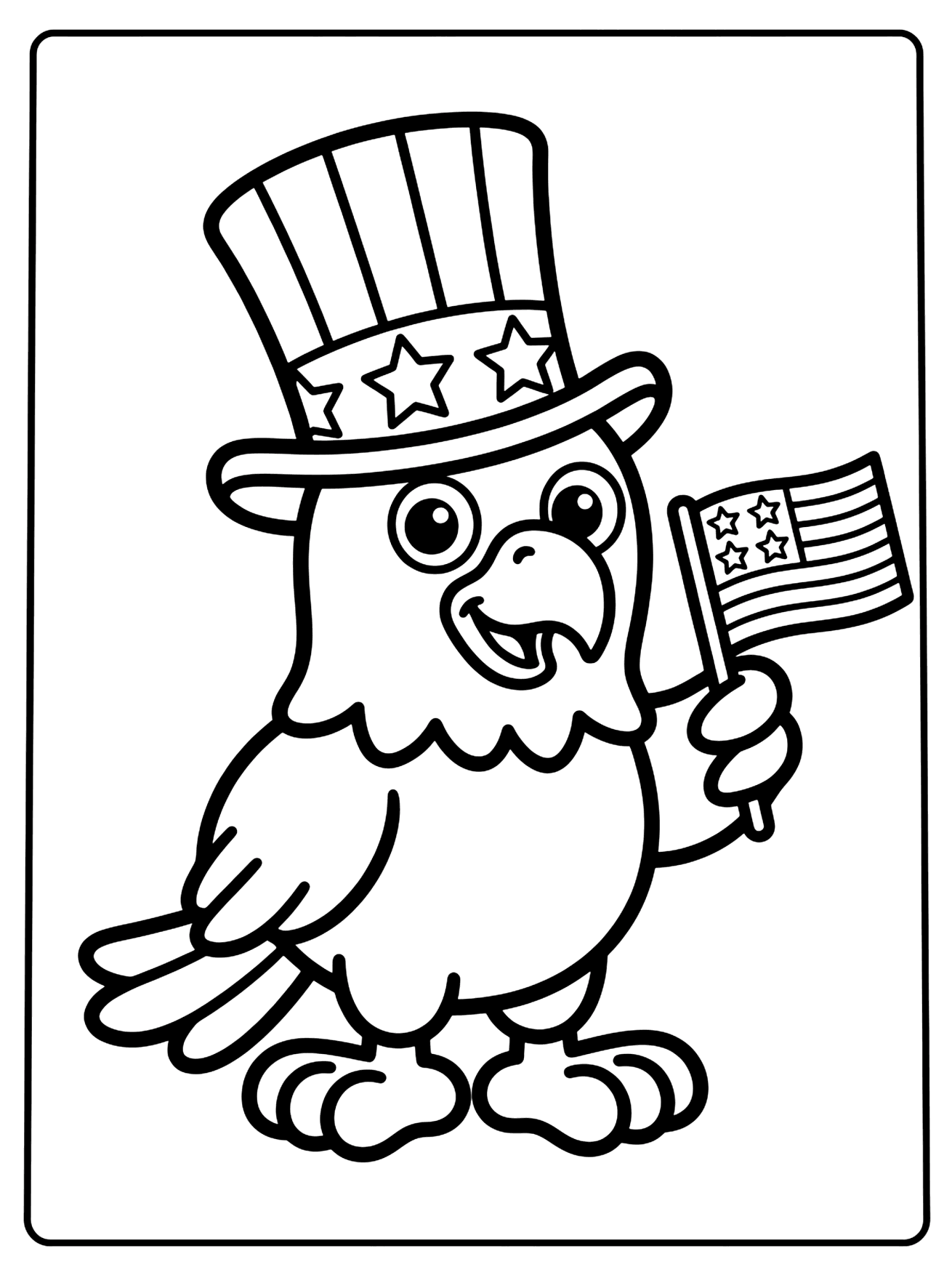 Smiling cartoon eagle in a striped top hat with stars, holding a small American flag, 4th of July coloring page