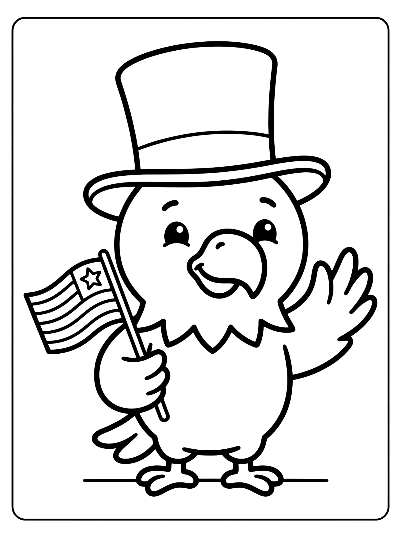 Smiling cartoon eagle in a tall top hat holding an American flag and waving, 4th of July coloring page