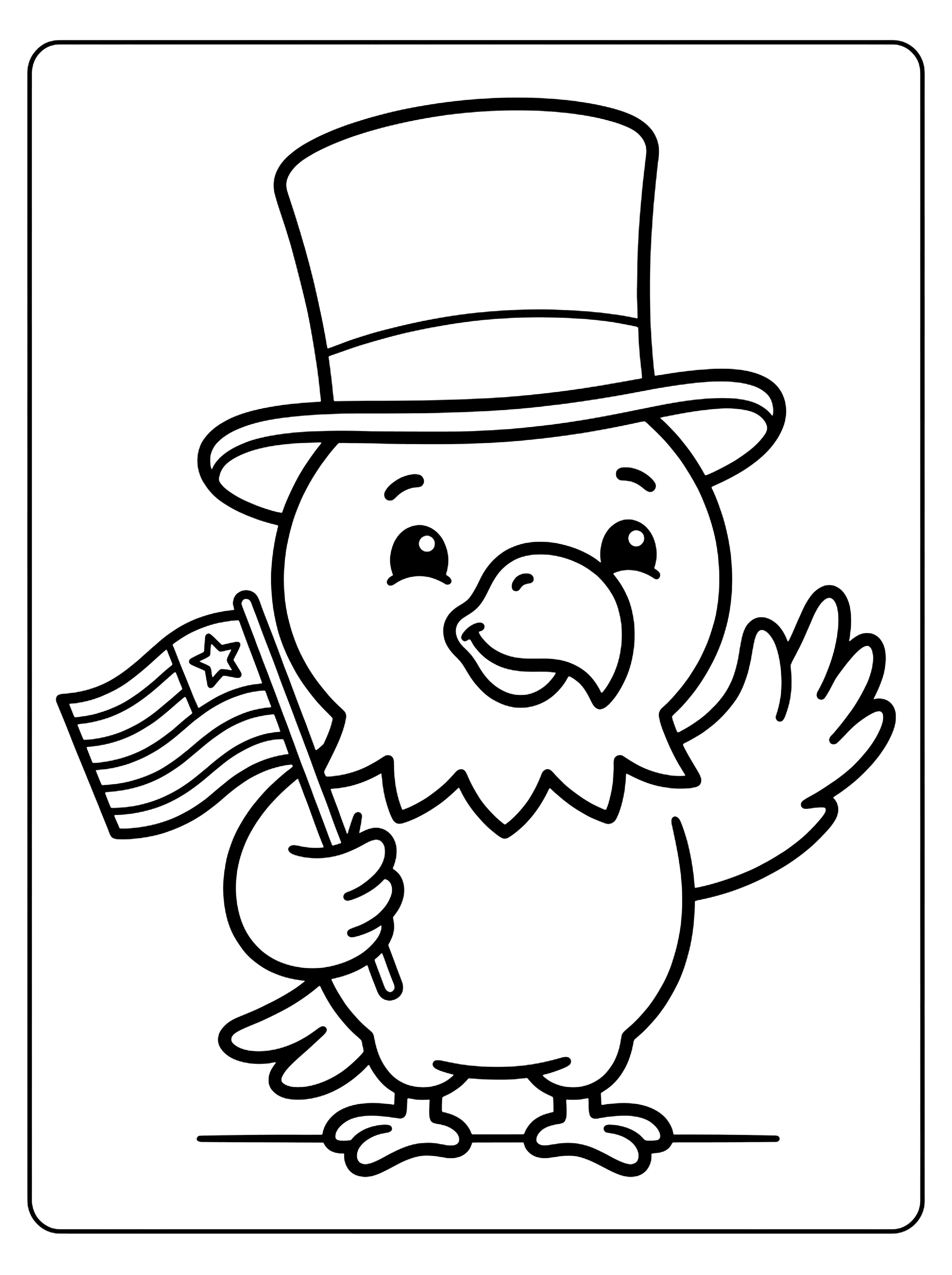 Smiling cartoon eagle in a tall top hat holding an American flag and waving, 4th of July coloring page