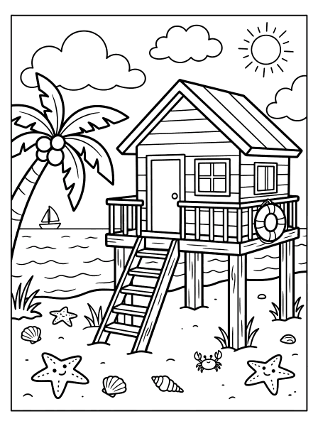 Line drawing of a beach house on stilts with a ladder, palm tree, sailboat and starfish houses and buildings coloring page