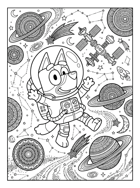 Bluey in a space helmet floating with arms raised near ringed planets and a space station, bluey coloring page