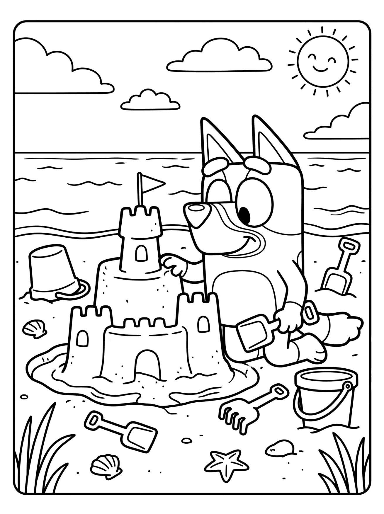 Bluey building a sandcastle with a flag on a beach, with buckets, shovels and a smiling sun, bluey coloring page