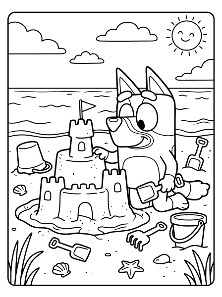 Bluey building a sandcastle with a flag on a beach, with buckets, shovels and a smiling sun, bluey coloring page