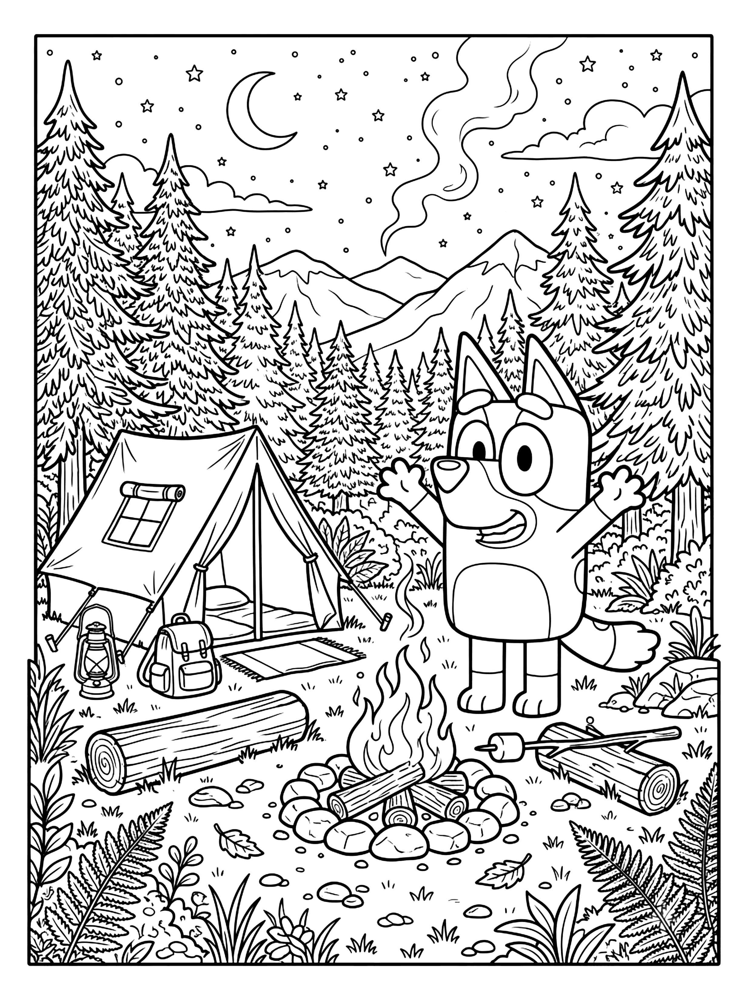 Bluey smiling by a campfire with arms raised, tent and pine trees under a starry sky, bluey coloring page
