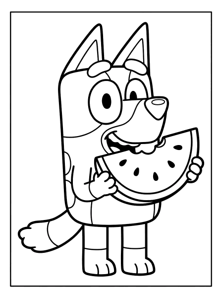 Cartoon Bluey dog holding and biting a watermelon slice with both paws, bluey coloring page