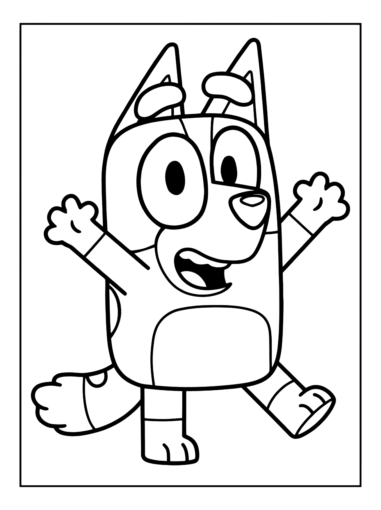 Cartoon puppy Bluey dancing with arms raised, one leg kicked out and a wide open smile, bluey coloring page