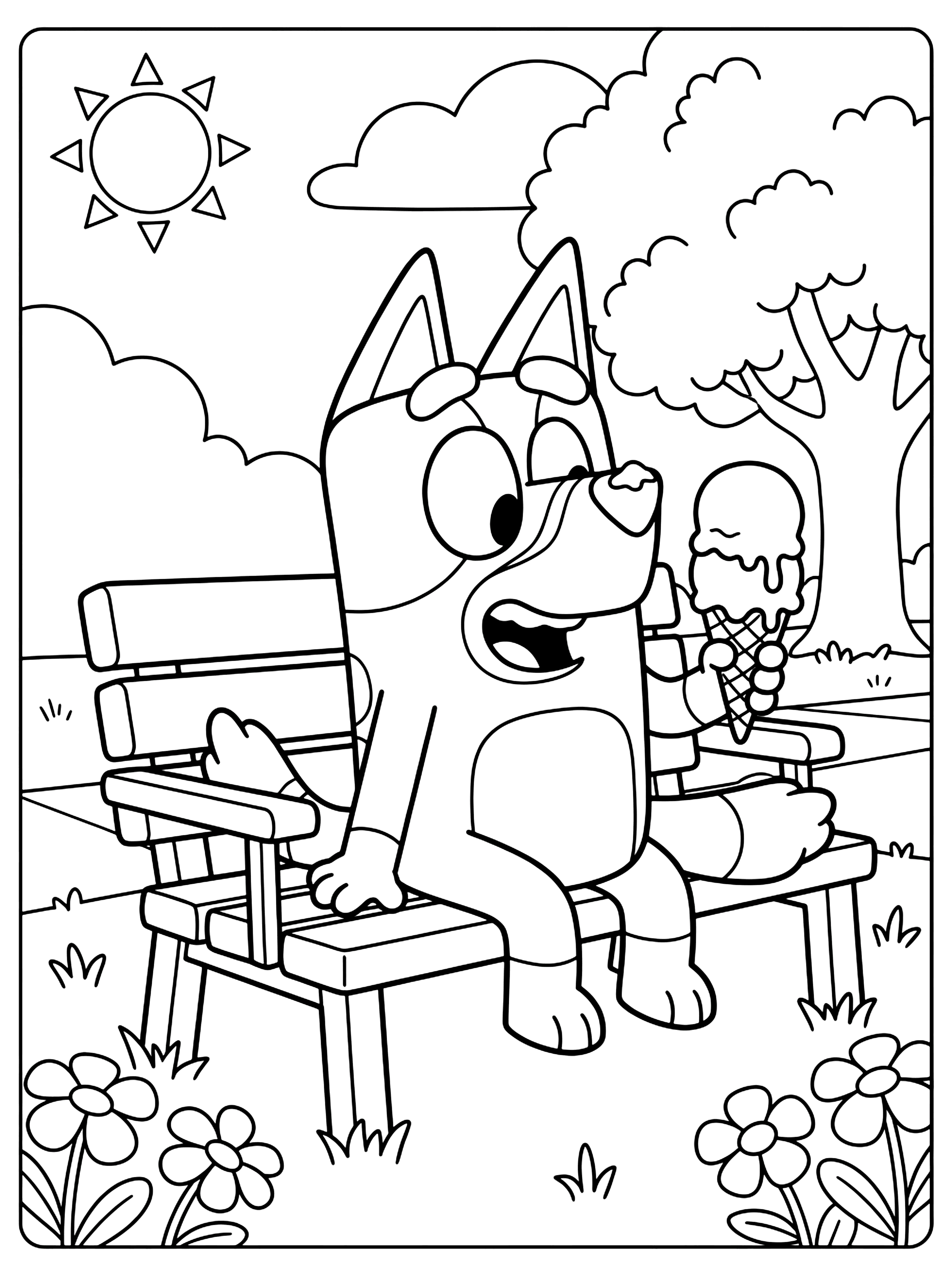 Bluey sitting on a park bench eating an ice cream cone with drips, sun and tree in background, bluey coloring page