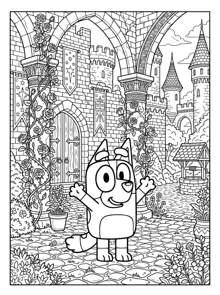Cartoon blue dog waving with both arms in a castle courtyard with rose vines and a stone well, bluey coloring page