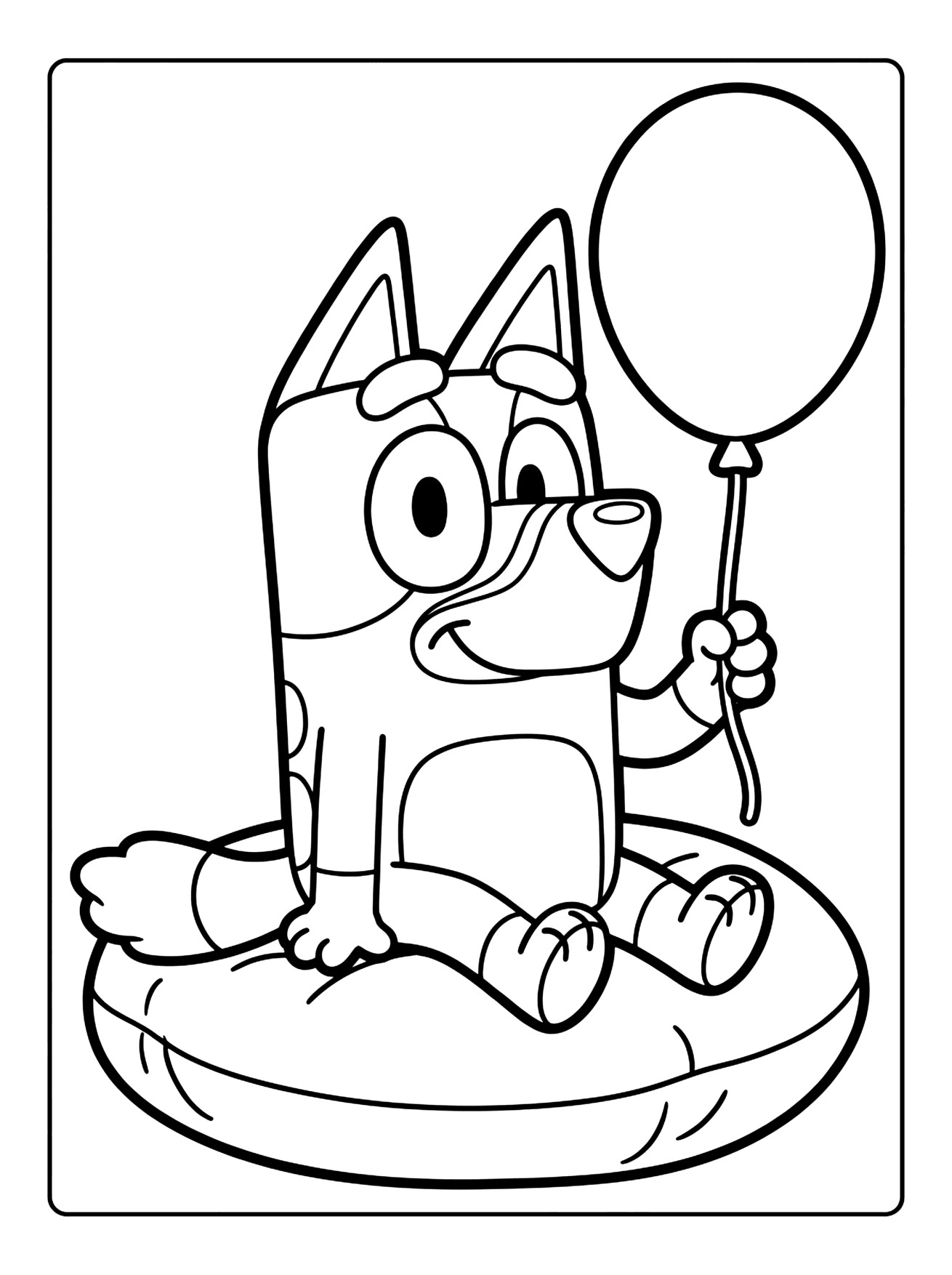 Cartoon dog Bluey sitting on a round cushion holding a balloon with a long string, bluey coloring page