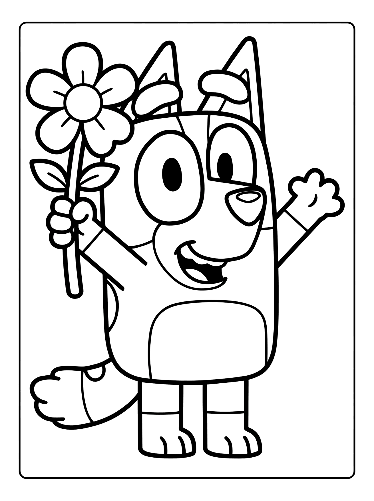 Smiling cartoon dog standing and holding a flower in one paw while waving with the other, bluey coloring page