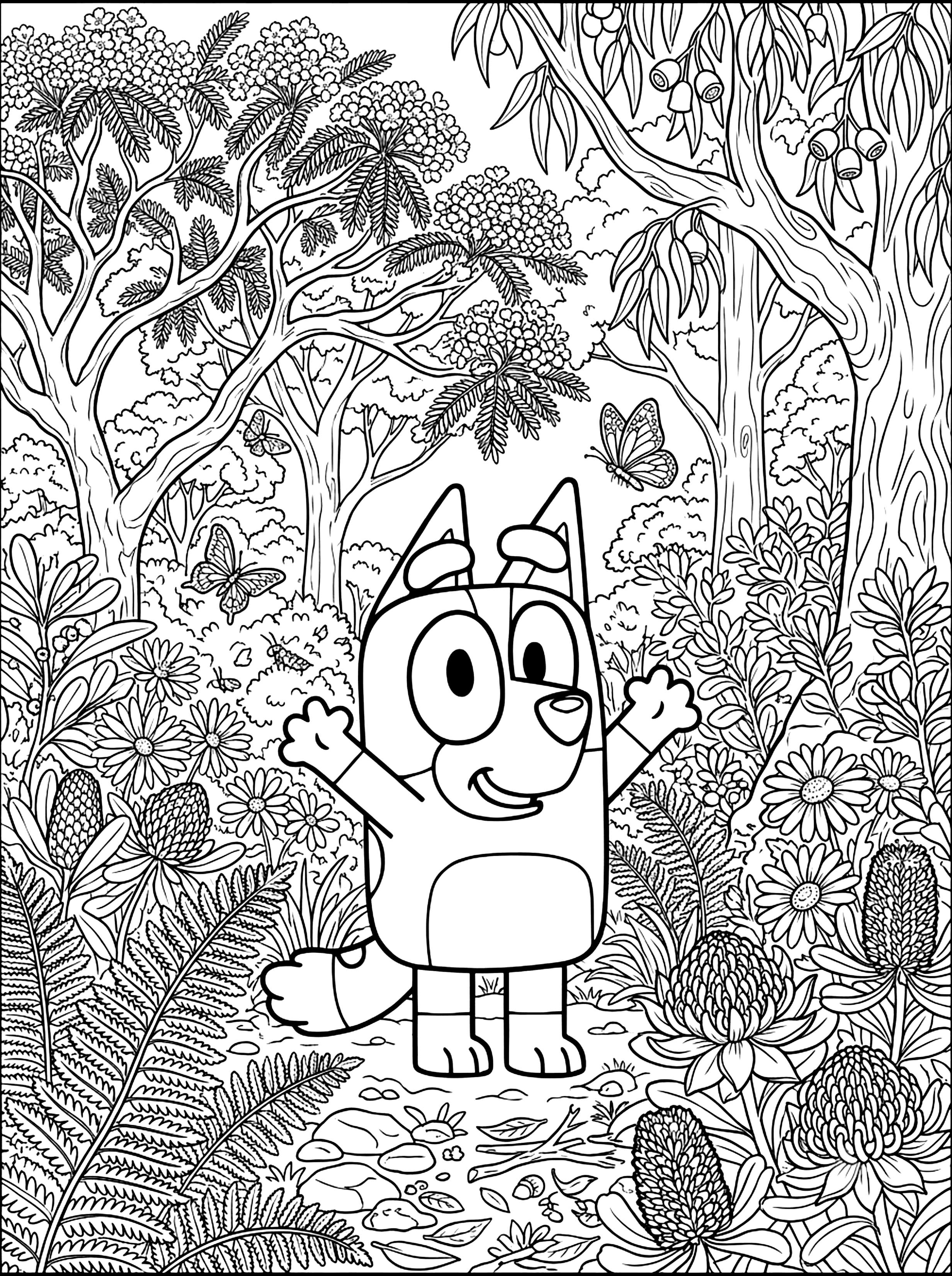 Bluey standing with arms raised among gum trees, ferns, daisies and butterflies in bushland, bluey coloring page