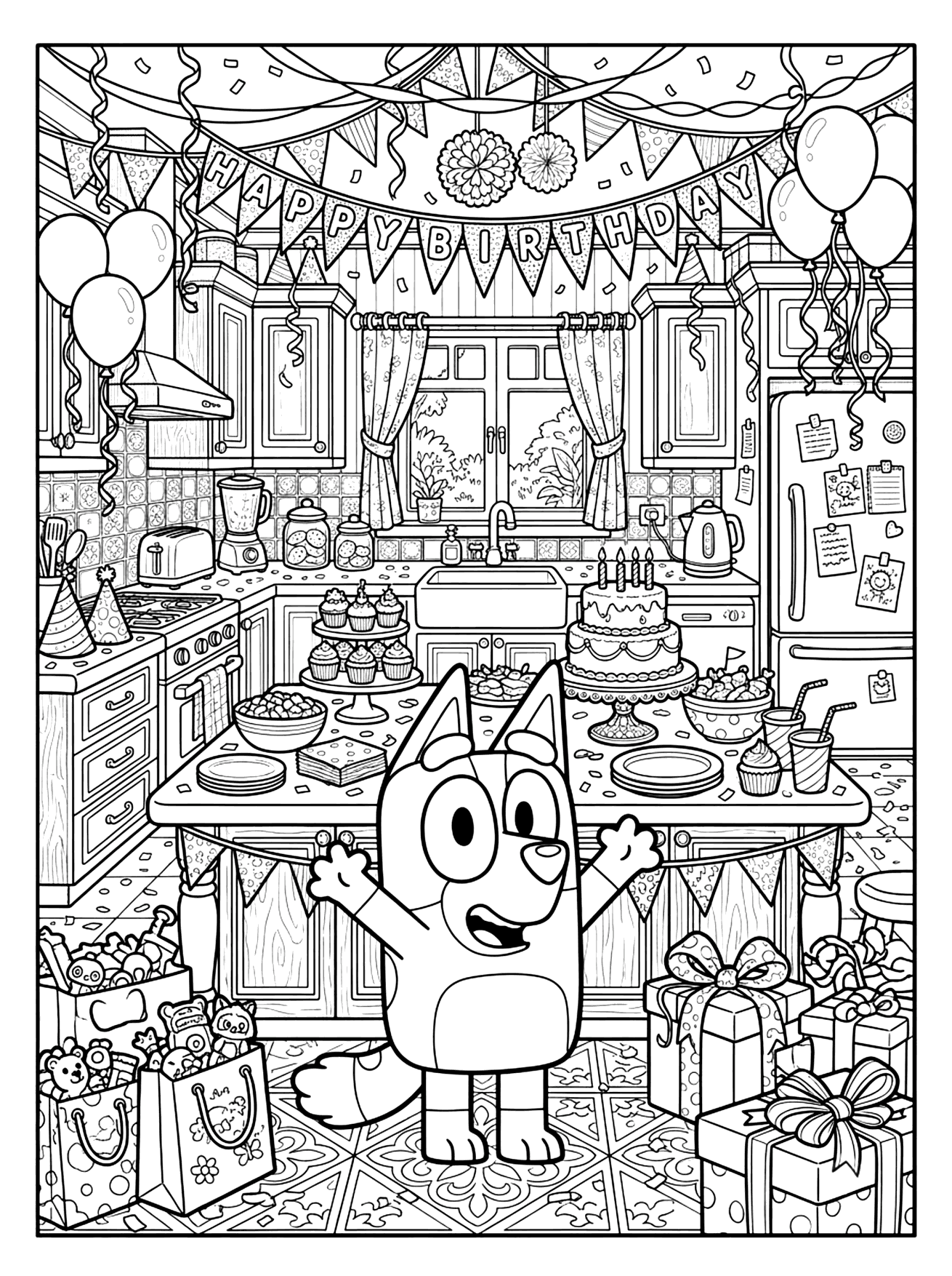 Bluey dog with arms raised in a birthday kitchen with balloons, cupcakes and gift boxes, bluey coloring page