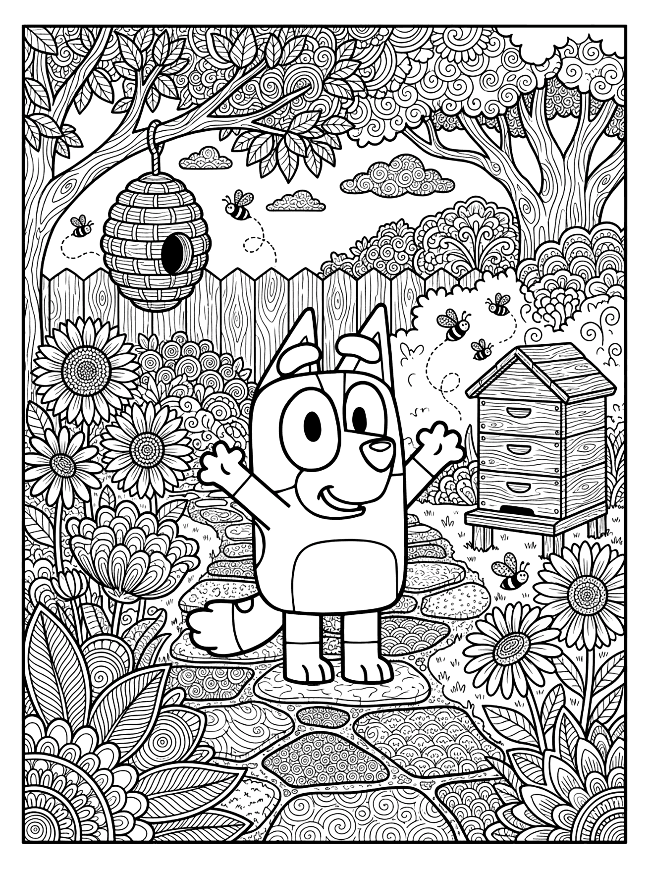 Bluey smiling with arms raised in a garden with a hanging beehive, sunflowers and bees, bluey coloring page