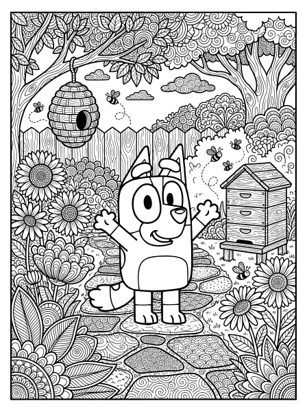 Bluey smiling with arms raised in a garden with a hanging beehive, sunflowers and bees, bluey coloring page