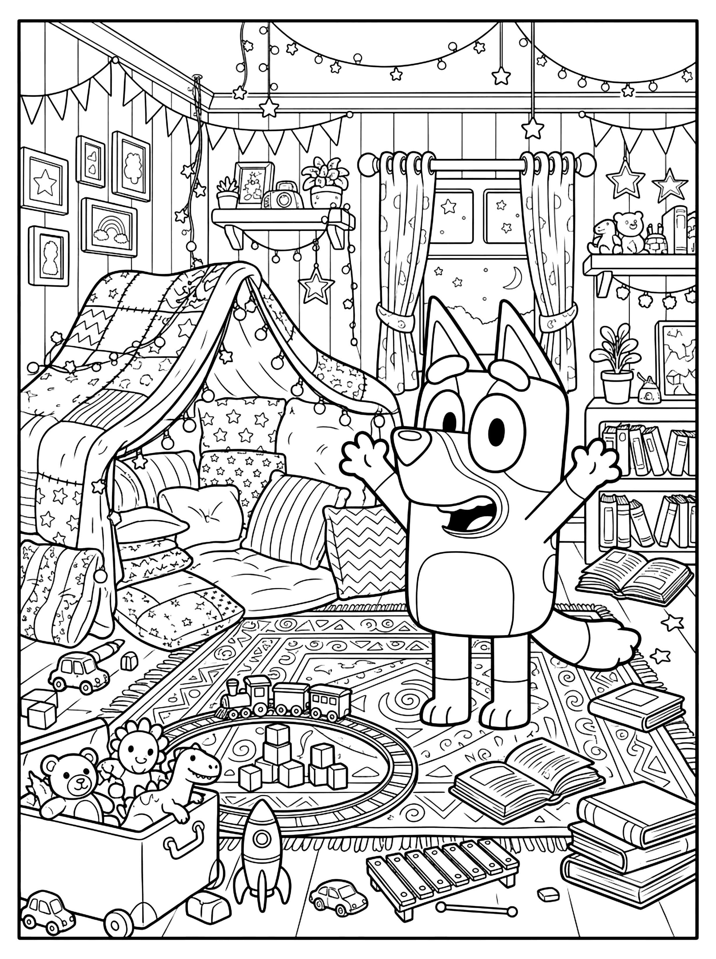 Bluey with arms raised in a playroom with a blanket fort, star cushions, toys and books, bluey coloring page