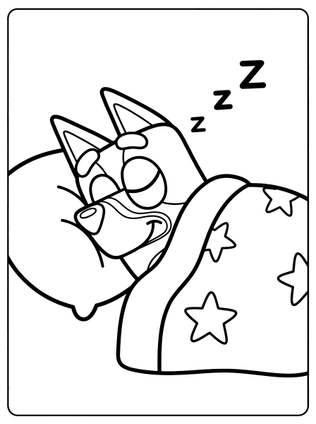 Smiling cartoon dog sleeping on a pillow under a star-print blanket with floating Z letters, bluey coloring page