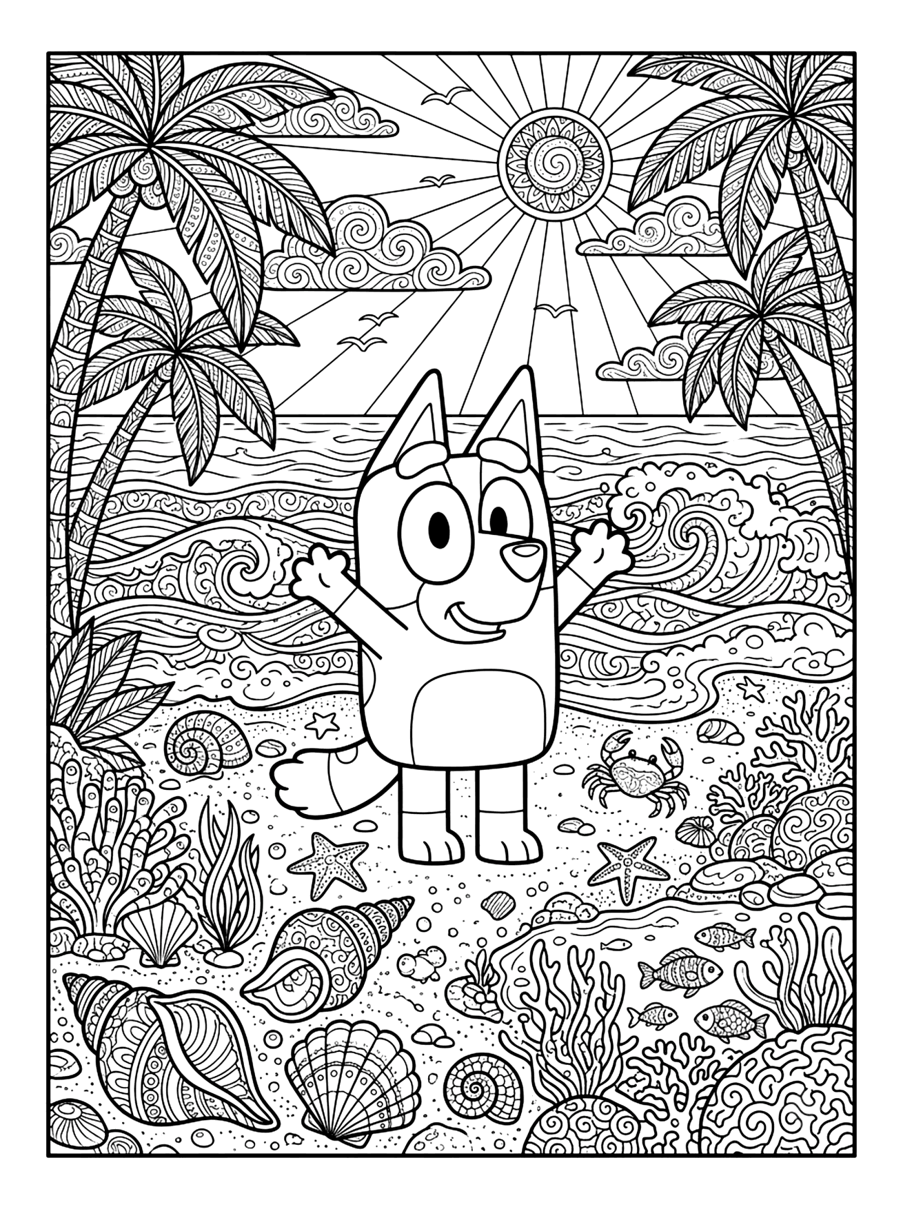 Bluey standing on a sandy beach with arms raised, palm trees, sun, waves and seashells, bluey coloring page