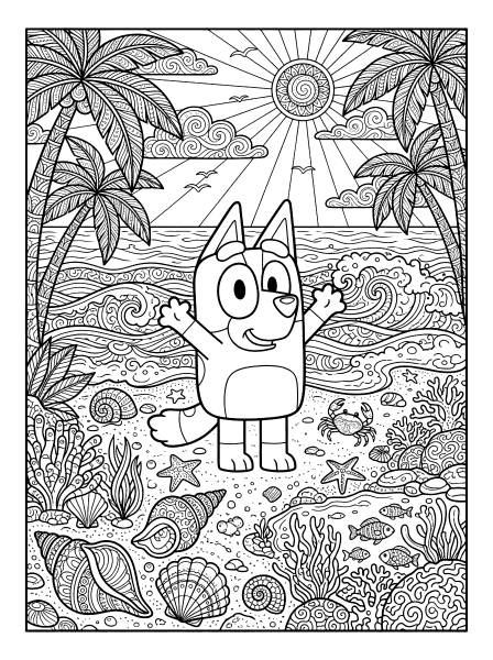 Bluey standing on a sandy beach with arms raised, palm trees, sun, waves and seashells, bluey coloring page