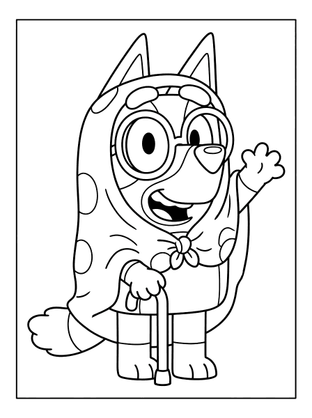 Cartoon dog dressed as a granny in a spotted shawl and round glasses, holding a cane and waving, bluey coloring page