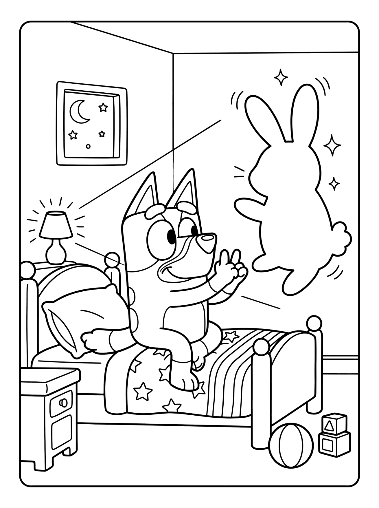 Bluey sitting in bed making a bunny shadow puppet with her hand beside a glowing lamp, bluey coloring page