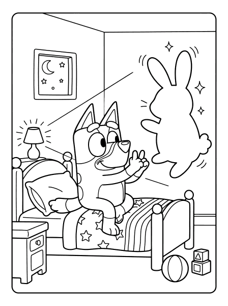 Bluey sitting in bed making a bunny shadow puppet with her hand beside a glowing lamp, bluey coloring page