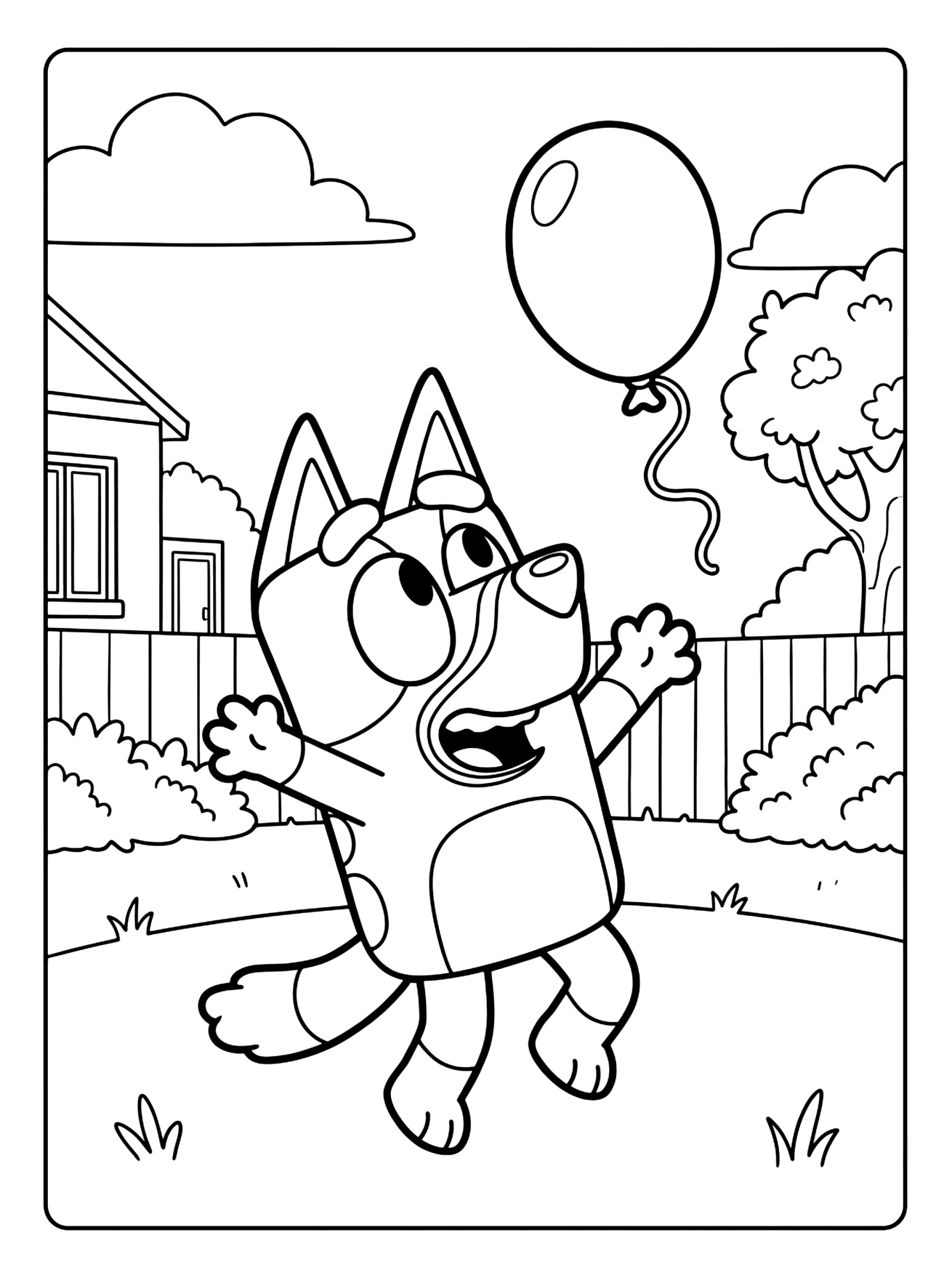 Bluey jumping with arms out and mouth open, looking up at a balloon near a house and fence, bluey coloring page