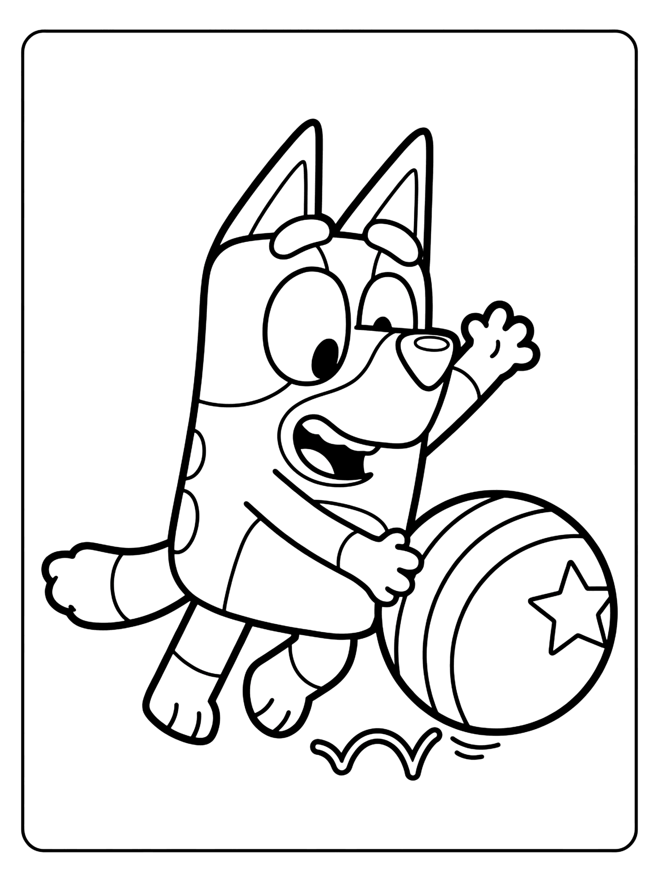 Cartoon dog Bluey kicking a striped ball with a star on it, one paw raised high and a wide smile, bluey coloring page