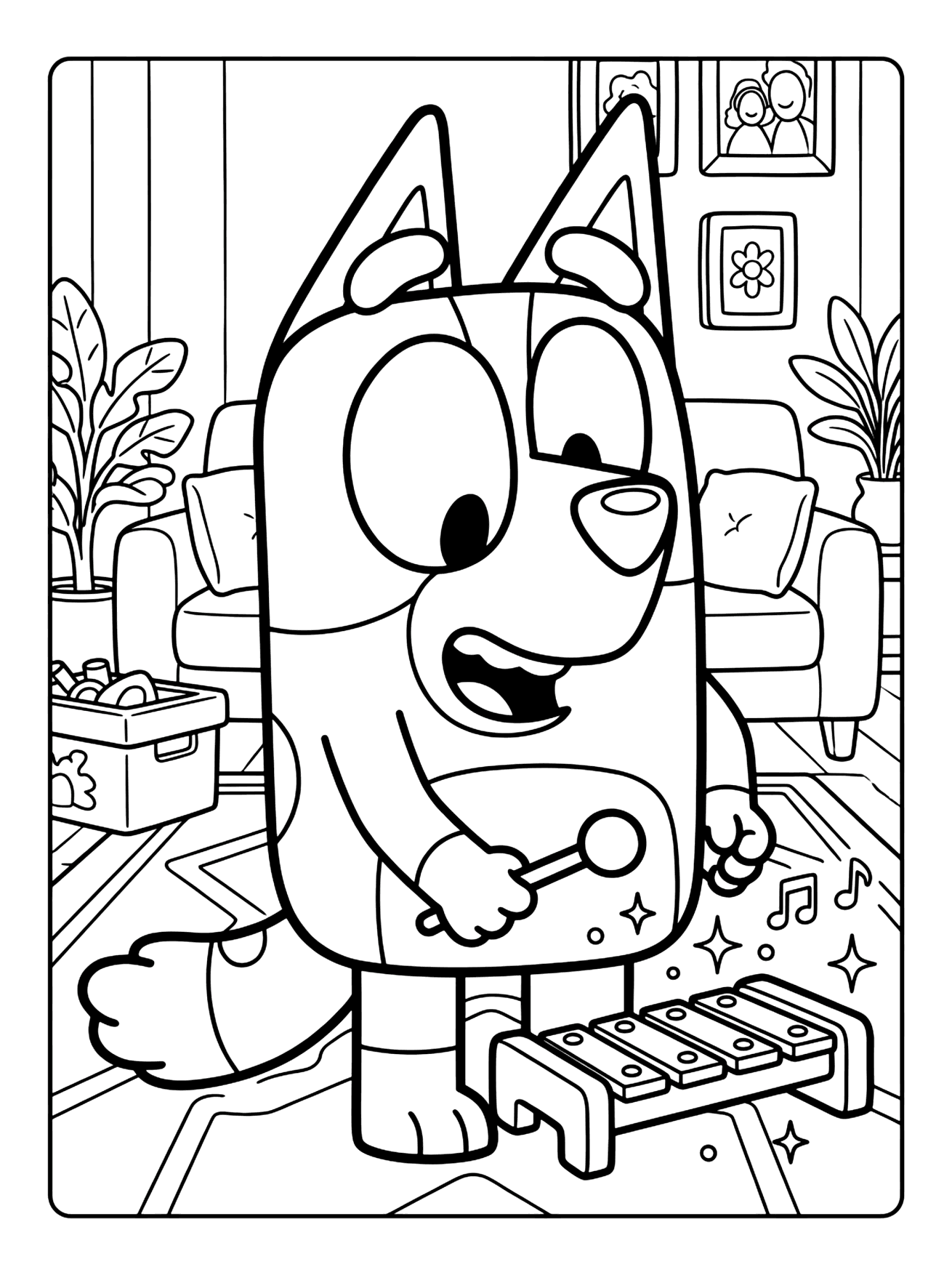 Bluey dog character playing a xylophone with a mallet in a living room with plants and a couch, bluey coloring page