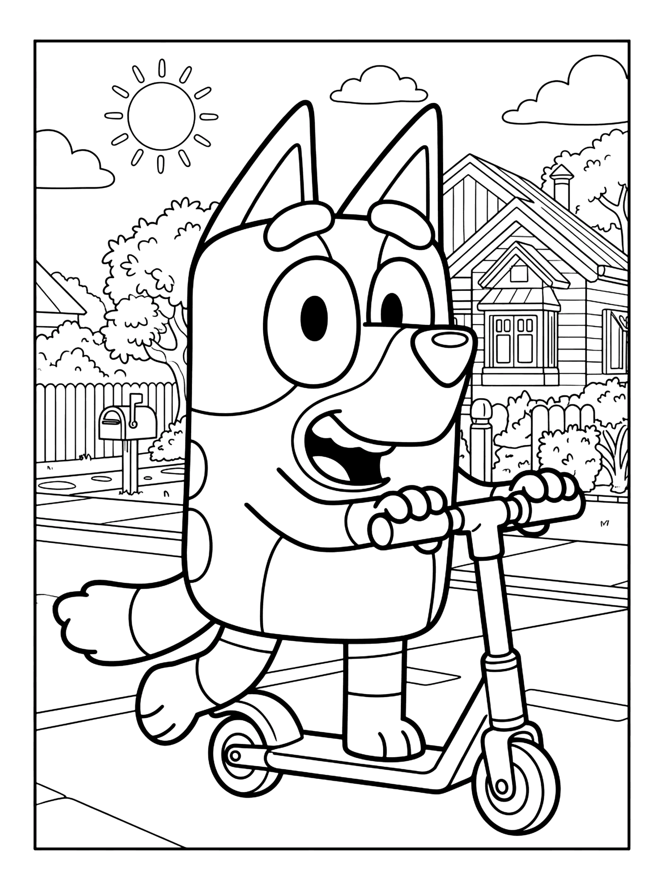 Bluey riding a scooter on a sidewalk with a sun, trees, a fence, mailbox and house, bluey coloring page