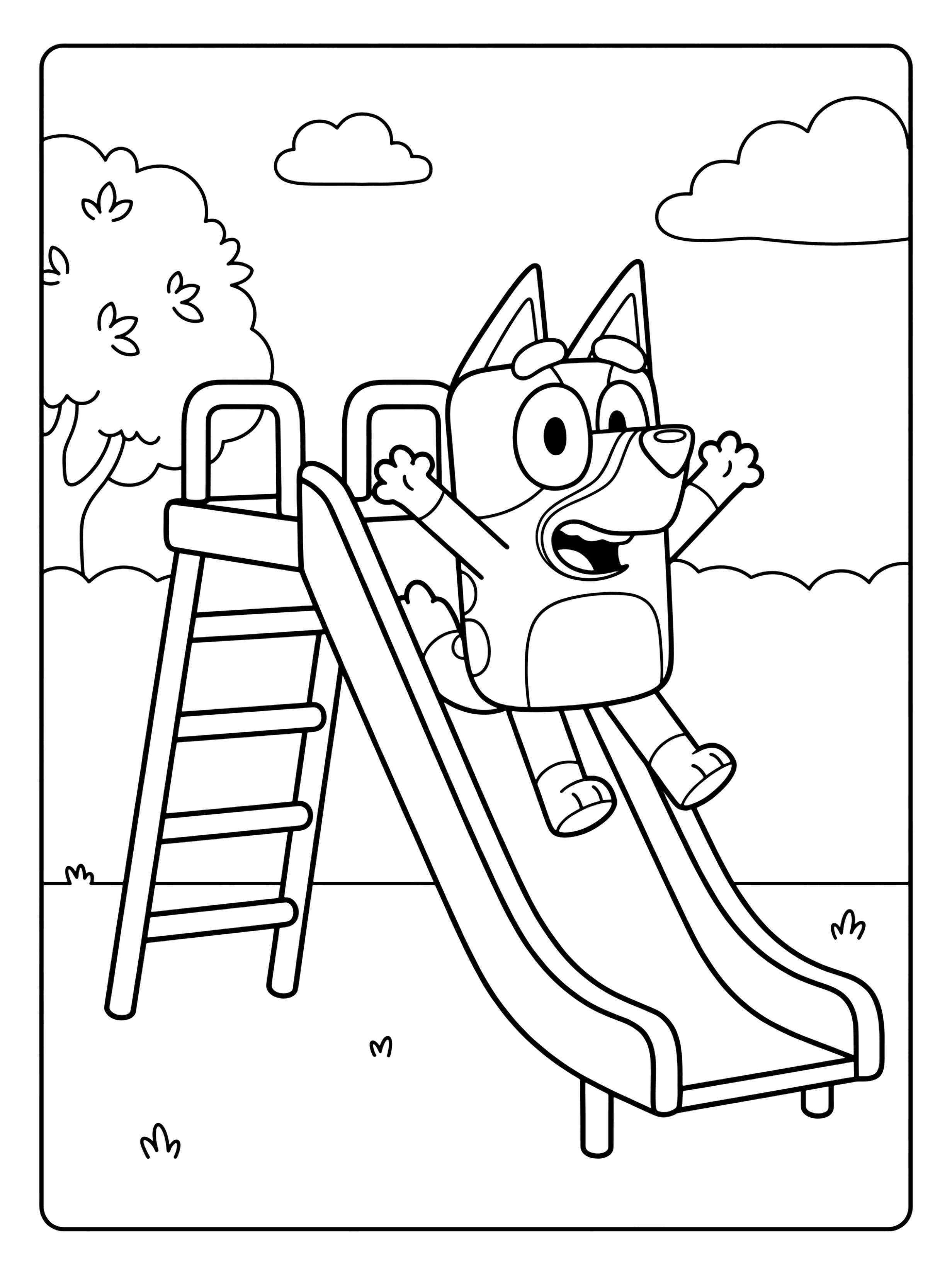 Bluey sliding down a playground slide with arms raised and mouth open, tree and clouds behind, bluey coloring page