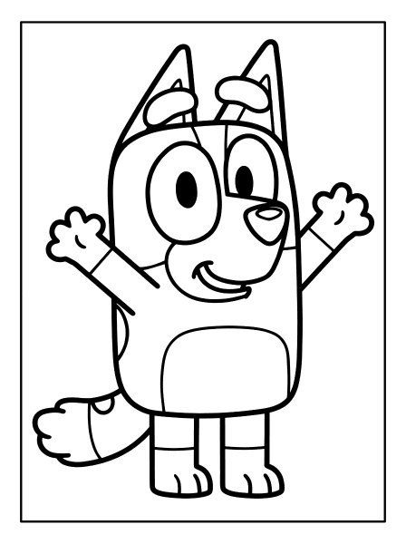 Bluey waving with both arms raised, big round eyes, smiling face, tall ears and a tail, bluey coloring page