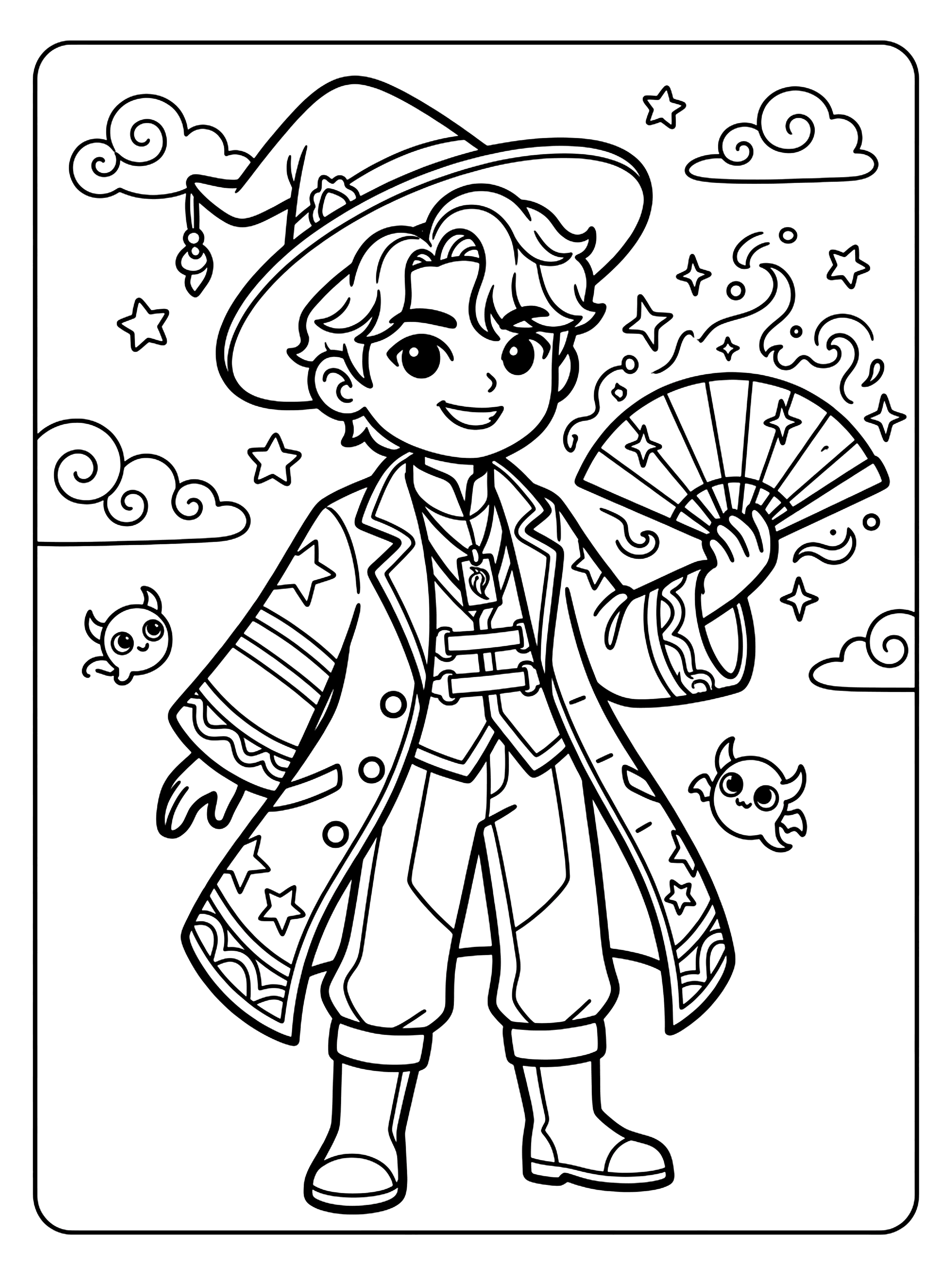 Line art of a smiling boy in a pointed hat and star coat holding a star fan, with swirls around him kpop demon coloring page