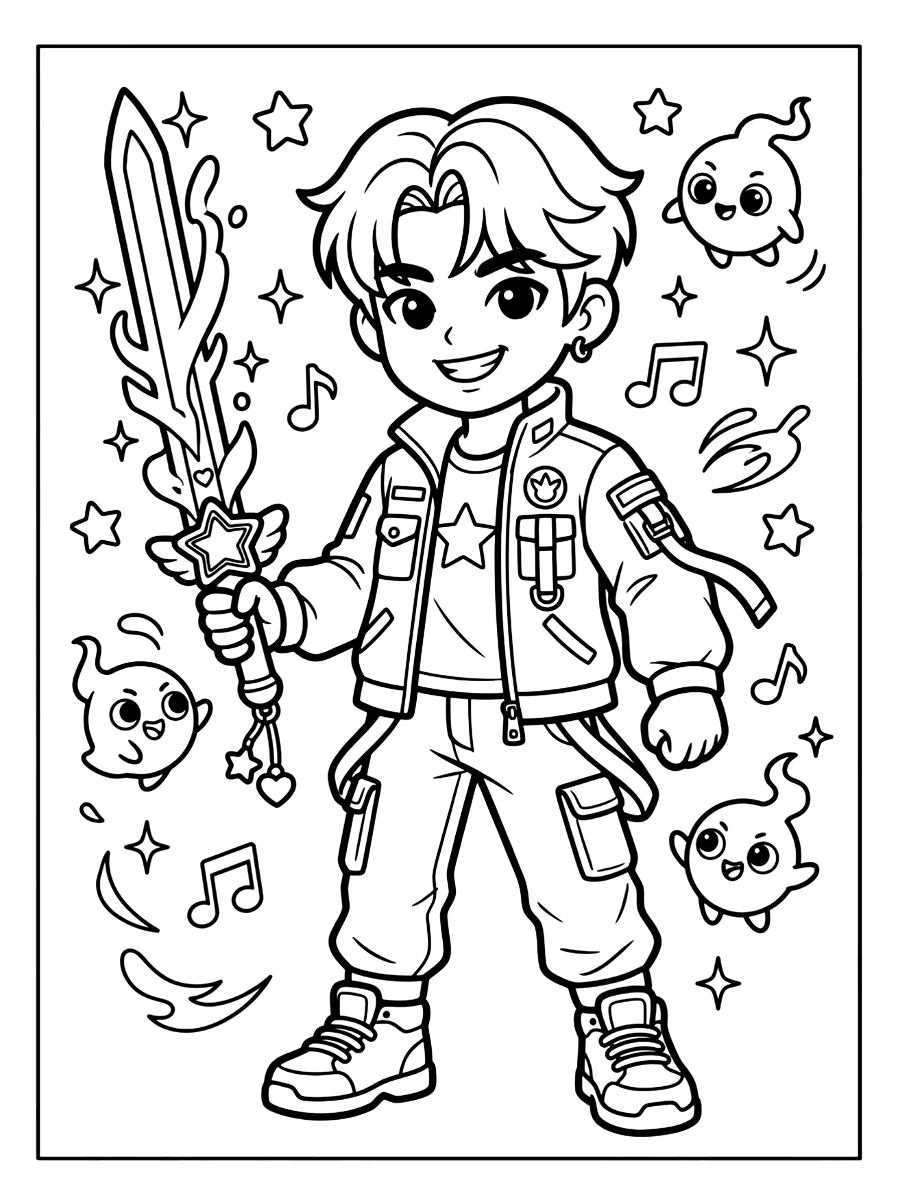 Smiling boy holding a star-handled sword, with music notes, sparkles and small ghost characters, kpop demon coloring page