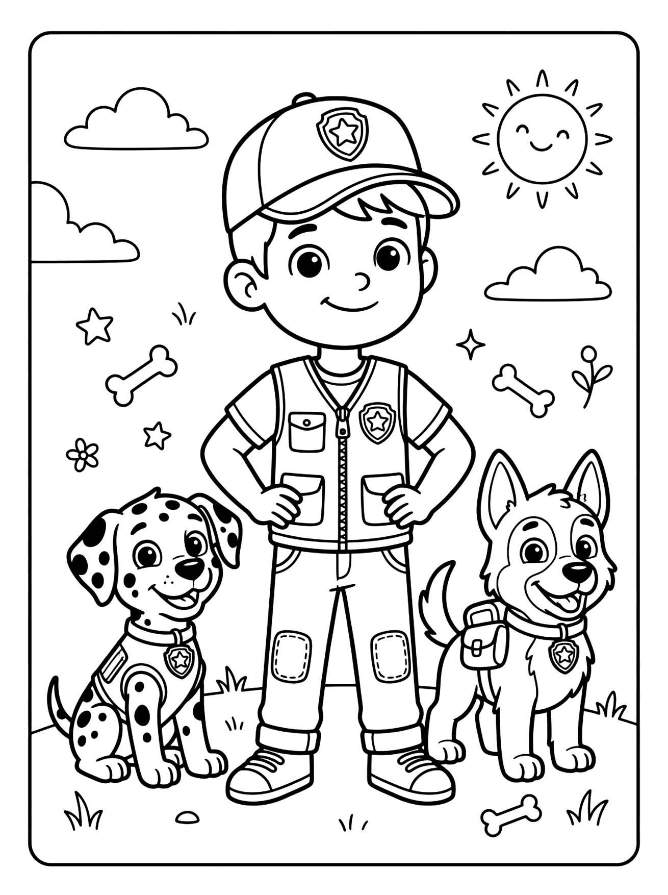 Smiling cartoon boy in a badge cap and vest standing with a spotted puppy and a fluffy pup, paw patrol coloring page