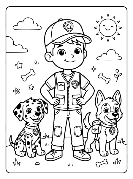 Smiling cartoon boy in a badge cap and vest standing with a spotted puppy and a fluffy pup, paw patrol coloring page