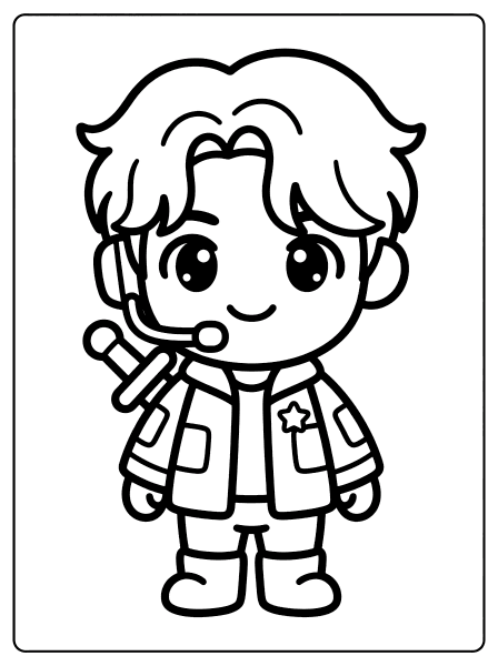 Line drawing of a cartoon boy with fluffy hair, a headset microphone, a, and a star jacket kpop demon coloring page
