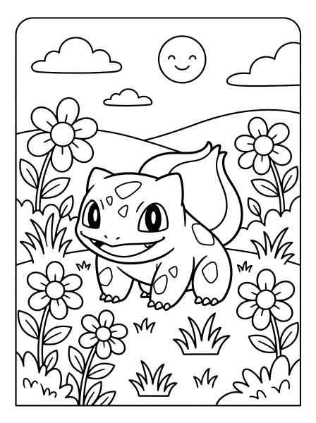 Smiling Bulbasaur with a bulb on its back standing among daisies and grass, pokemon coloring page