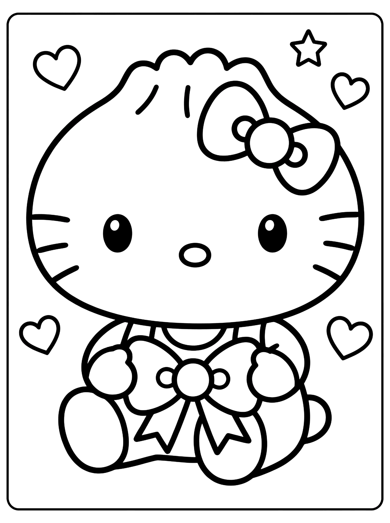 Hello Kitty sitting with a bow on her head and a bow on her middle, with hearts and a star, coloring page
