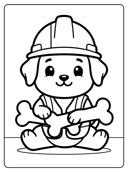 Smiling cartoon puppy in a hard hat and vest sitting and holding a big bone, paw patrol coloring page