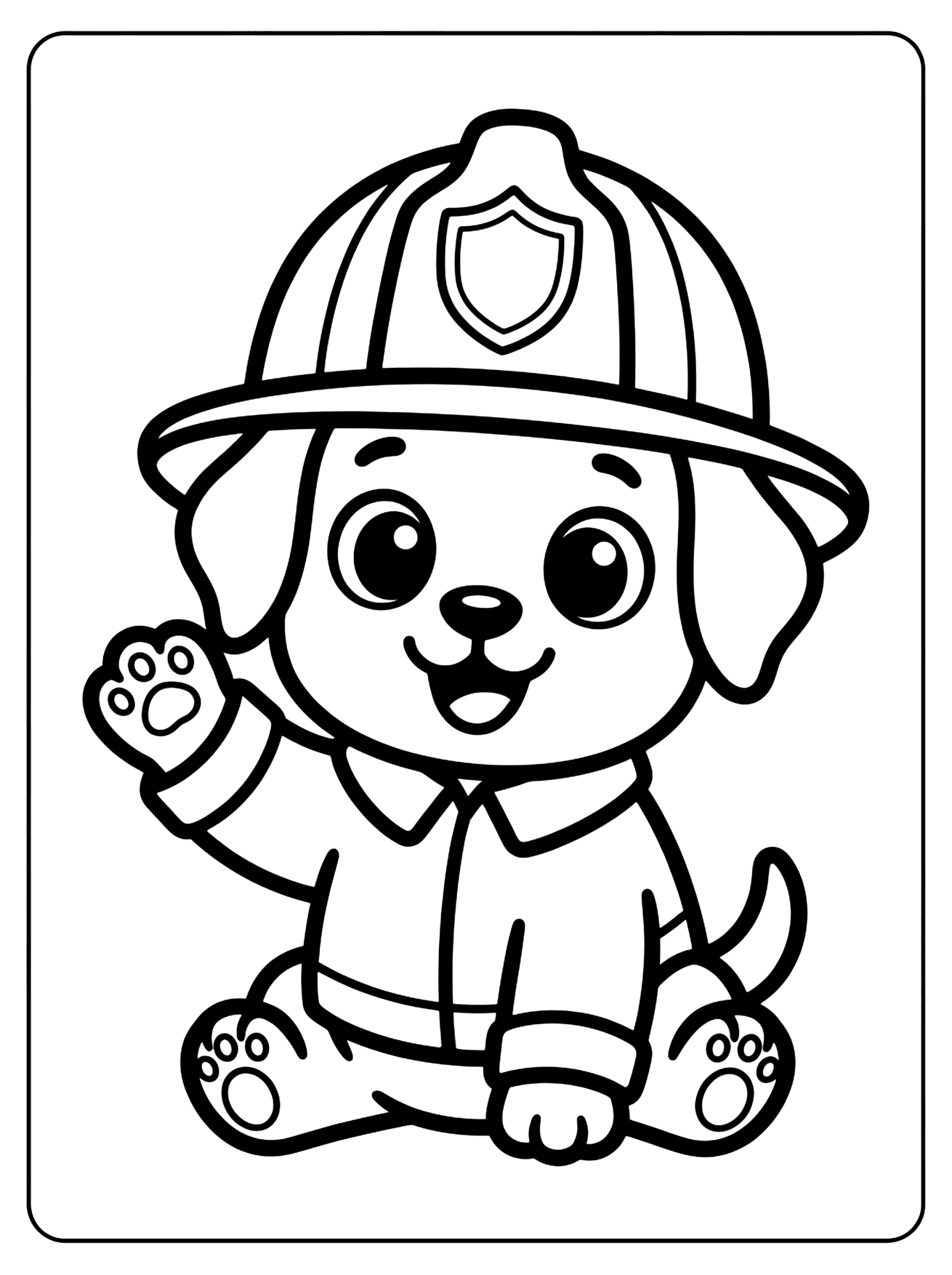 Smiling cartoon puppy in a firefighter helmet with a shield badge, waving while sitting, paw patrol coloring page