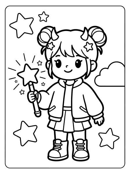 Outline drawing of a cartoon girl with two buns holding a star wand near stars and a cloud, kpop demon coloring page