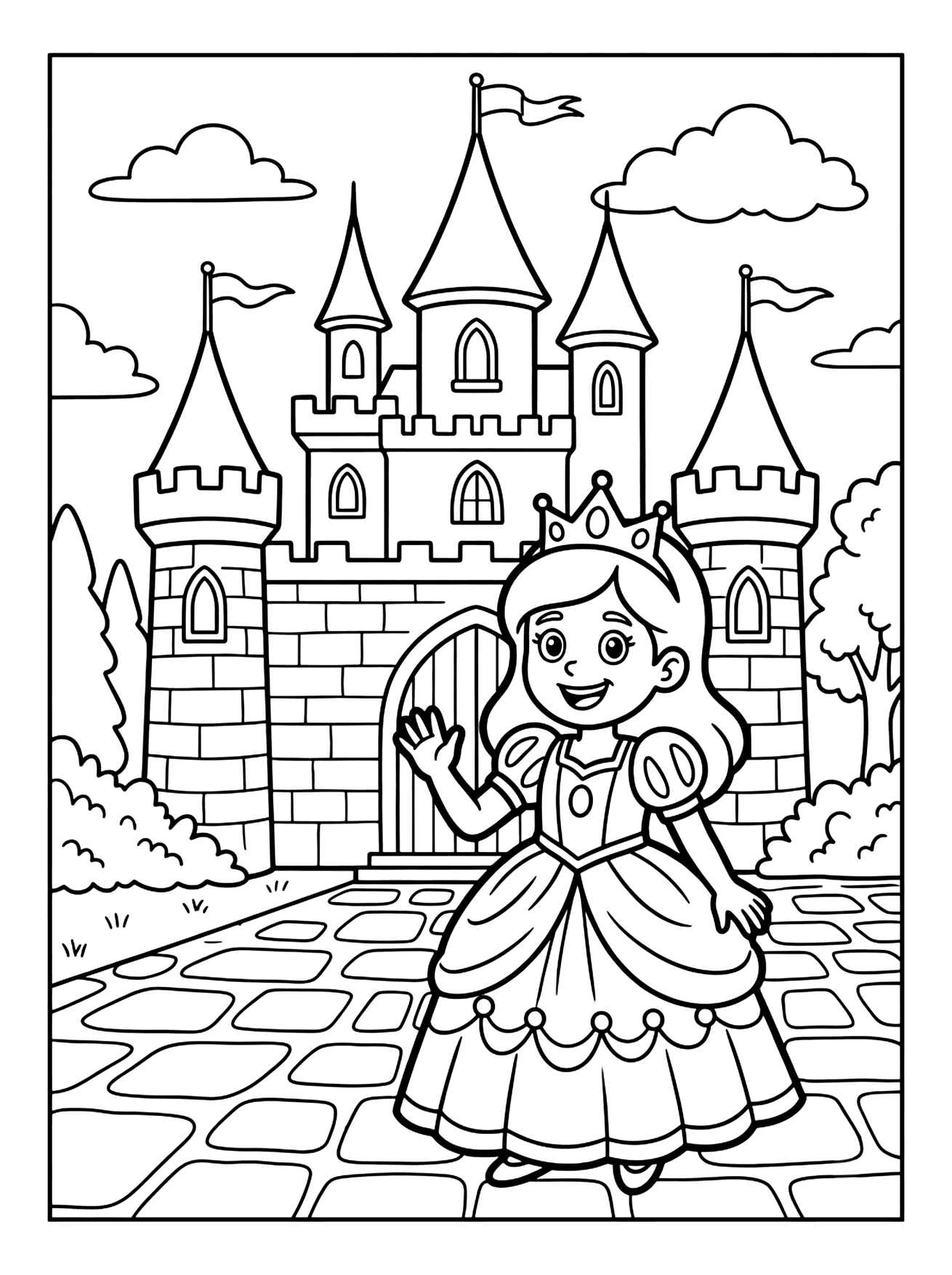 Smiling princess in a crown waving in front of a tall stone castle with flags, princess coloring page