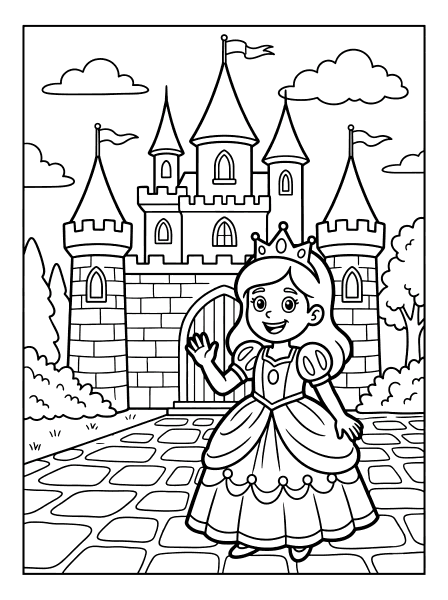 Smiling princess in a crown waving in front of a tall stone castle with flags, princess coloring page